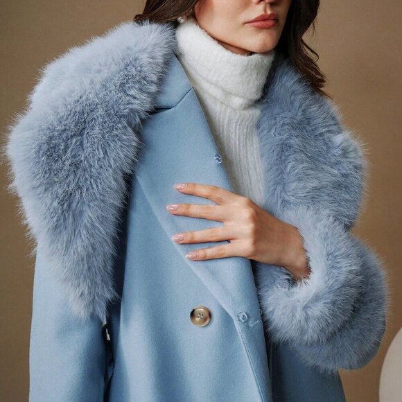 Blue And White Elegant Women's Faux Fur Collar Wool Blend Long Belted Coat - Picture 5 of 8